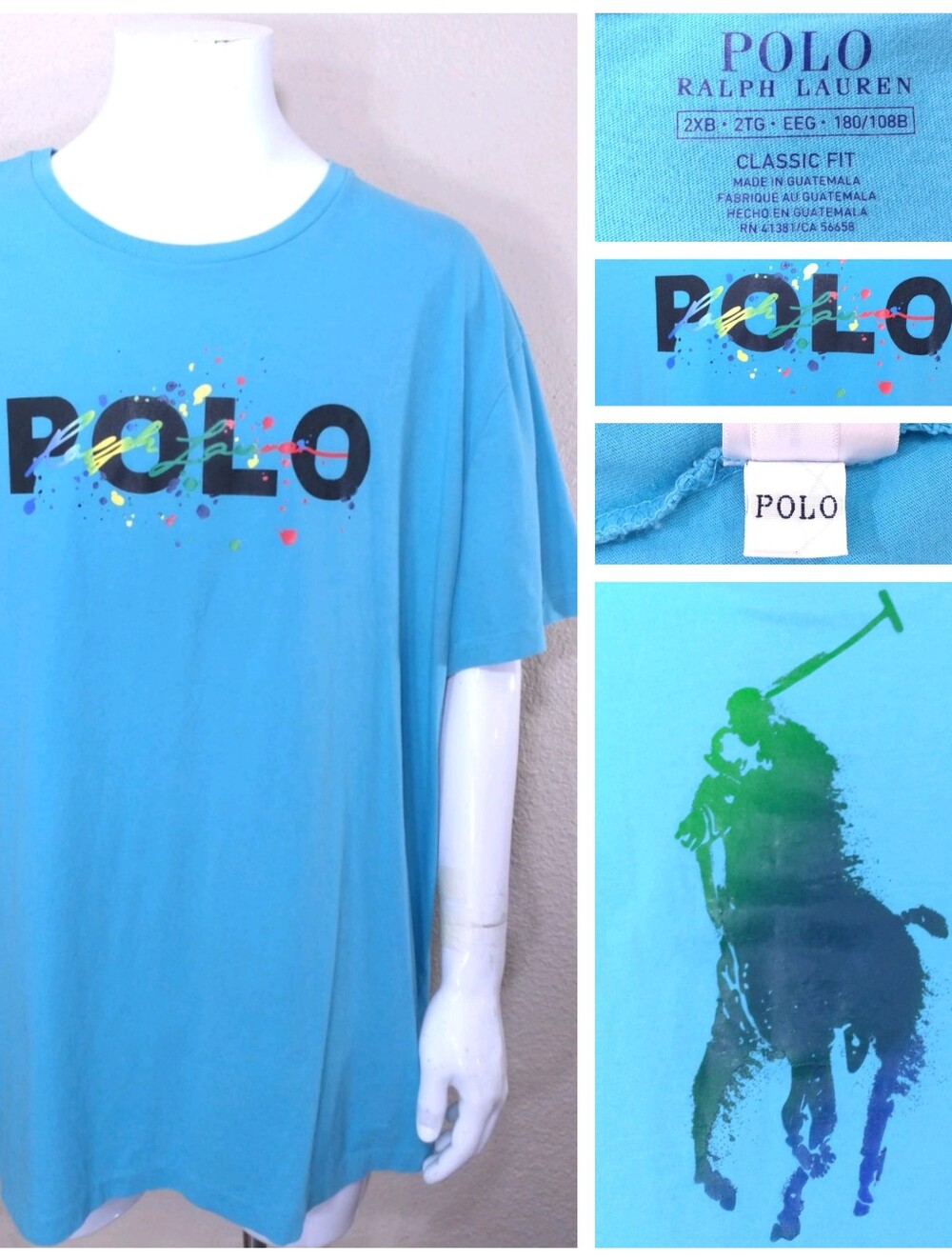 POLO RALPH LAUREN T Shirt 2XB Blue MULTICOLOR BIG PONY XXL 2XL BIG & TALL Mens
